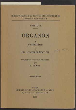 Cover of Organon: Catégories, De L&rsquo;interprétation
