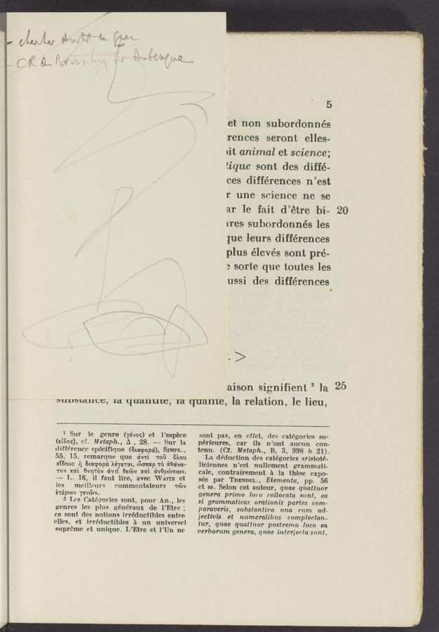 Page text (OCR generated): ' les
5 .
et non subordonnés
:rences 'seront elles-é
pit animal et science;
lique sont des ,diffé-
ces différenCes n’est
1" 11116 science ne se .
ar he hit. d’étre' bi-
II‘CS subordonnés les
lue leurs différences
plus élevés sont pré-
3'sorte que. toutes les
usSi des d-i-fférences
.>
aison Sig-*Ilifient2 la
aulmbduuc, 1&amp;1 quauuw, 1a qualue, la relation, 16 lieu,
1 Sur 1e genre (Tévoc) et l’espéce
(2360c), cf. Metaph., A , 28. - Sur la
dil’ft‘rence spéCifique (Emcpopai), SIMPL,
55, 15, remarque que oiv'rl 1:06 5100
slﬁouc h Btacpopo‘z léysmp, (336mg) 16 6:9de
170v mi. Ovn-cév o’wr‘c 0263» Ind a'v’epdmwv.
.._. L. 16, i1 faut lire, avec WAIT'z ct
mcillom‘a commentateurs 16w
é'tépmv 72min“
2 Los Catégzorics sont, pour AIL, los
genres les plus généraux de l’Etre;
ce sont des notions irréductibles entre
0.1193, et irréductibles 31 un universe]
s-upréme et unique. L’Etre e1; l’Un no.
4 sont pas, an effet, dos ca’tégories s‘u-
’ périenres, car- ils n’ont aucun con-
tenu. (Cf. Metaph., B, 3, 998 b 21).
'La déduction des catégories aristoté'.
liciennes n’est nullement grammati-
cale, contrairement 21 la thése expo-
sée par TRENDEL.,~ Elementa', pp. 56
et 55. Solon cet auteur, qnae- quttuor
genera primo loco collocata. .mnt, 80
xi grdmmaticas orationis partes com-
paraveris, substantiva nna cum ad-
jectivis et numeralibns complectan-
tur, qmie qualtnor poslremo loco ea
verborum genera, qnne interjerm. snnl.
20.
25
