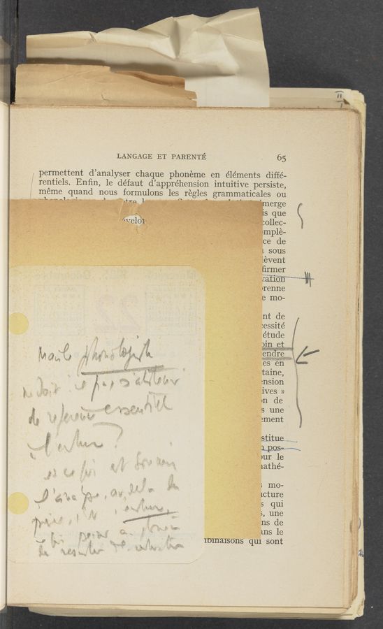 Page text (OCR generated): -:. .1-—.-§“-‘h mw~~g a». a-‘—v~.- ‘i— - ... ~. :1
LANGAGE ET PARENTE 65
permettent d’analyser chaque phonéme en éléments diffé-
rentiels. Enﬁn, le défaut d’appréhension intuitive persiste,
méme quand nous formulons les régles grammaticales ou
1- --- n1 - .3 -. .. 1- A -- ~ ‘ -- rmerge
_‘ " is que
”Weldr _ , .3 301160-
4' ‘ implé-
(:6 de
L sous
'{évent
ﬁrmer
'H-rp 1
“nun-AE‘ l- nwmyauan QWMW - -
:Q. . I
. v-w
‘3 4- - 1 ! “
irenne
8 m0-
nt de
:essité /
étude 3g
)in et,
:«5 ,
e‘ a
5-"; 1:. :1, . .-»' aw, w - . . .; s!
5 5?. 5, 3., ‘ 3; ._ w Iii; . a
it . 3 .3 ,;;»_ V _. ; 2-." .: 3’: 5 ‘ ‘ ,W. . NJ» '5
5 1 :i: £35 9.. . 1 ‘ 6’ .l ~
. ives »
3 tn (16
g . s was
ﬁg 3, -- ‘ :ment
4‘:
‘1me .
. stitue
2.. LpQS-Ww
/ >ur le
lathé—
; m0-
lcture
s, une
ns de
ms 16
lblnalsons qu1 sont
”.me .
—~..
\‘—-