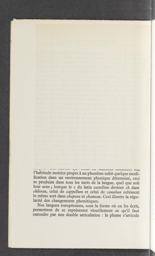 Page text (OCR generated): l’habitude motrice propre a un phoneme subit quelque modi—
ﬁcation dans un environnement phonique determine, ceci
se produira dans tous les mots de la langue, quel que soit
leur sens 5 lorsque 1e c du latin castellum devient ch dans
chc’iteau, celui de cappellum et celui de camelum subissent
1e meme sort dans chapeau et chameau. Ceci illustre 1a régu—
larité des changements phonétiques.
Nos langues européennes, sous la forme oil on les e'crit,
permettent de se représenter Visuellement ee qu’il faut
entendre par une double articulation : 1a phrase s’articule