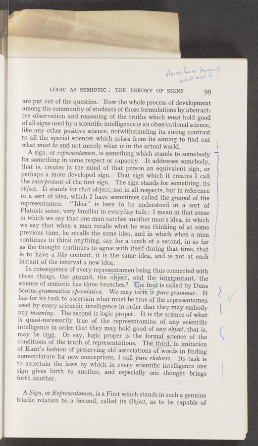 Page text (OCR generated): a?“
«iliﬂ’l IV; (w
i L l i" «g L WWI»;
#91,.
LOGIC AS SEMIorIc: THE THEORY or SIGNS 99
are put out of the question. Now the whole process of development
among the community of students of those formulations by abstract-
ive observation and reasoning of the truths which must hold good
of all signs used by a scientiﬁc intelligence is an observational science,
like any other positive science, notwithstanding its strong contrast
to all the special sciences which arises from its aiming to ﬁnd out
what must be and not merely what is in the actual world.
A sign, or representamen, is something which stands to somebody
for something in some respect or capacity. It addresses somebody,
that is, creates in the mind of that person an equivalent sign, or
perhaps a more developed sign. That sign which it creates I call
the interpretant of the ﬁrst sign. The sign stands for something, its
object. It stands for that object, not in all respects, but in reference
to a sort of idea, which I have sometimes called the ground of the
representamen. “Idea” is here to be understood in a sort of
Platonic sense, very familiar in everyday talk; I mean in that sense
in which we say that one man catches another man’s idea, in which
we say that when a man recalls what he was thinking of at some
previous time, he recalls the same idea, and in which when a man
continues to think anything, say for a tenth of a second, in so far
as the thought continues to agree with itself during that time, that
is to have a like content, it is the same idea, and is not at each
instant of the interval a new idea.
In consequence of every representamen being thus connected with
three things, the ground, the 013E}: and the interpretant, the
science of semiotic has three branches.7 ”he, ﬁrst? is called by Duns
Scotus grammatica speenliativa. We may terrﬁwit pare grammar. It
has for its task to ascertain what must be true of the representamen
used by every scientiﬁc intelligence in order that they may embody
any meaning. The second is logic proper. It is the science of what
is quasi-necessarily true of the representamina of any scientiﬁc
intelligence in order that they may hold good of any object, that is,
may be try; Or say, logic proper is the formaLsMCience of the
conditions of the truth of representations. ThegthirQLin imitation
of Kant’s fashion of preserving old associations of words in ﬁnding
nomenclature for new conceptions, I call pare rhetoric. Its task is
to ascertain the laws by which in every scientiﬁc intelligence one
sign gives birth to another, and especially one thought brings
forth another.
A Sign, or Reﬁresentamen, is a First which stands in such a genuine
triadic relation to a Second, called its Object, as to be capable of
, i
n , , , {,5 i
i 4 [she l; {A A» .
V\ "‘1’; > L "‘31:, f
L 41.} M
N"