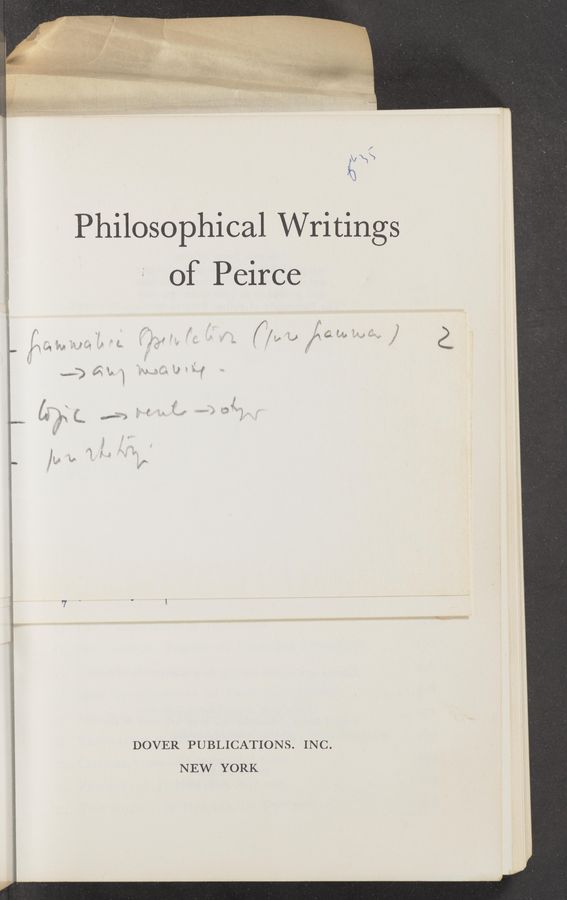 Page text (OCR generated): Philosophical Writings
of Peirce
" ‘ .4}
\c f J I".
‘ i, *5 _ r ‘9',"
' i ‘ i x '7 ”'
w 3 ‘
“We; 1‘ a v; , E i" 2* f9
a1m‘ J w‘ i ‘ "
E
, r
. if
e 2;
f J
S .
.3
i
i
DOVER PUBLICATIONS. INC.
NEW YORK
